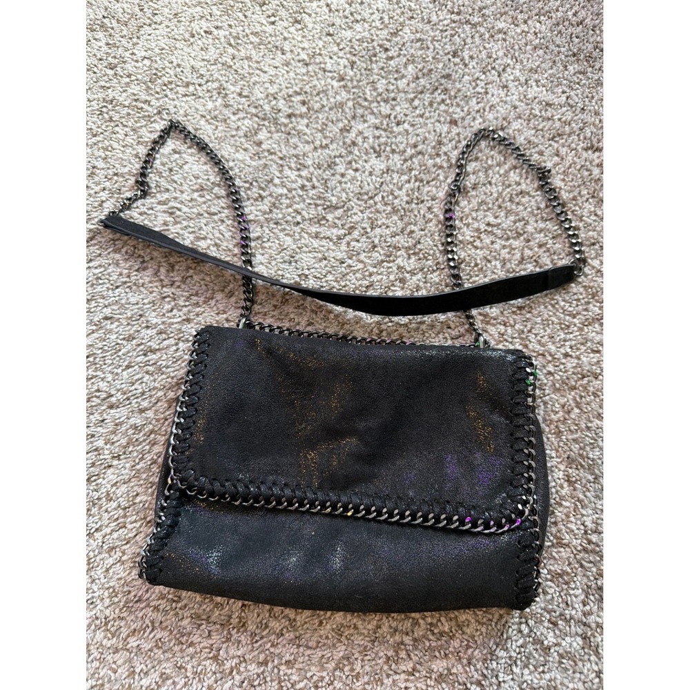 Black Iridescent Shimmer Crossbody Bag Gunmetal Chain Whipstitch Trim Shoulder - Picture 5 of 8